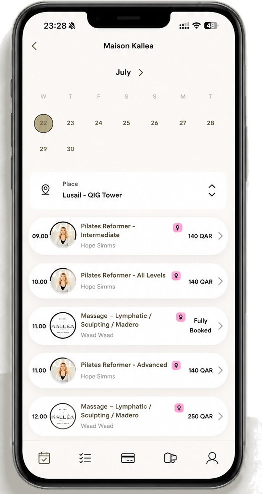 The Maison Kalléa app showing the July schedule for the Lusail studio, with Reformer classes, coaches and prices