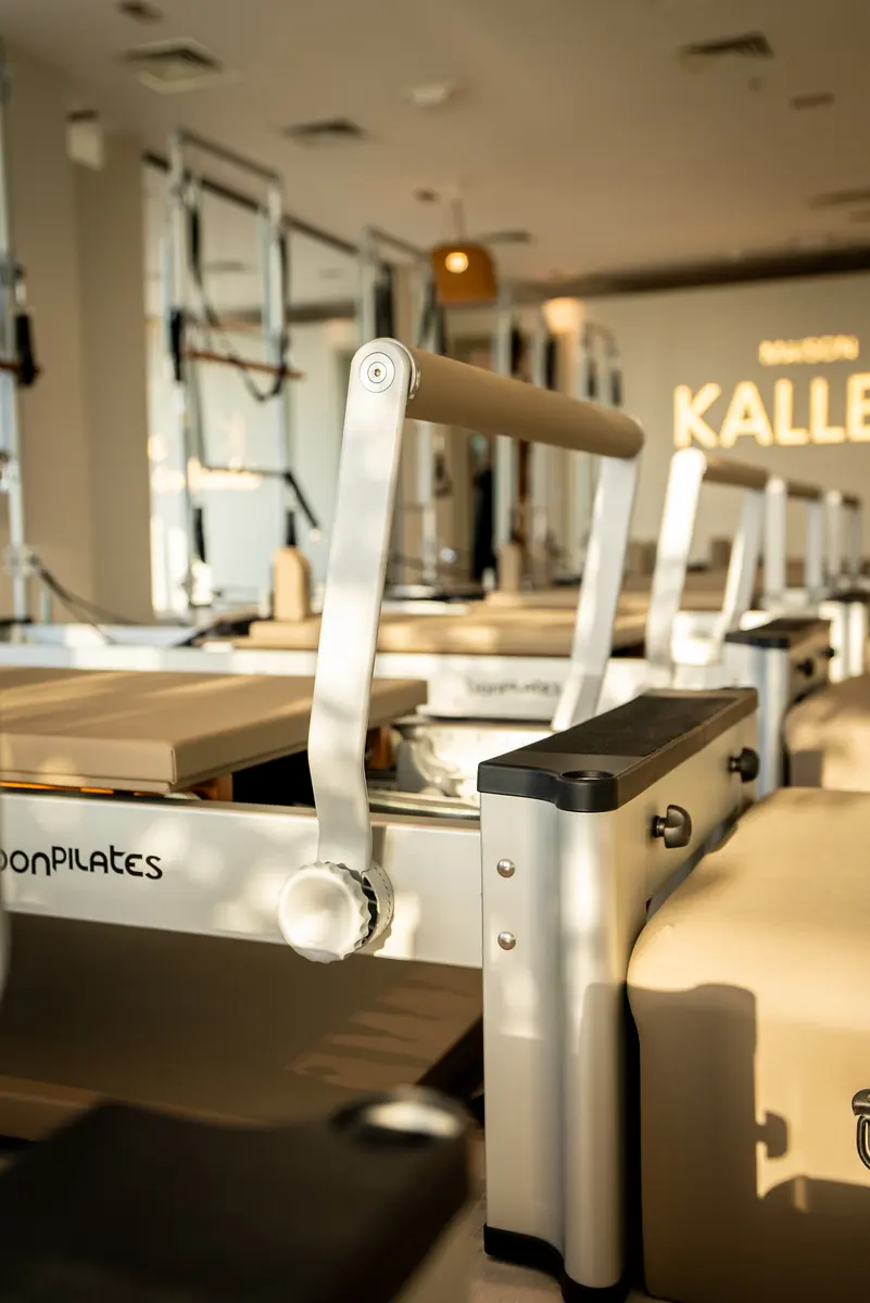Close-up of a bonPilates reformer footbar and carriage at Maison Kalléa