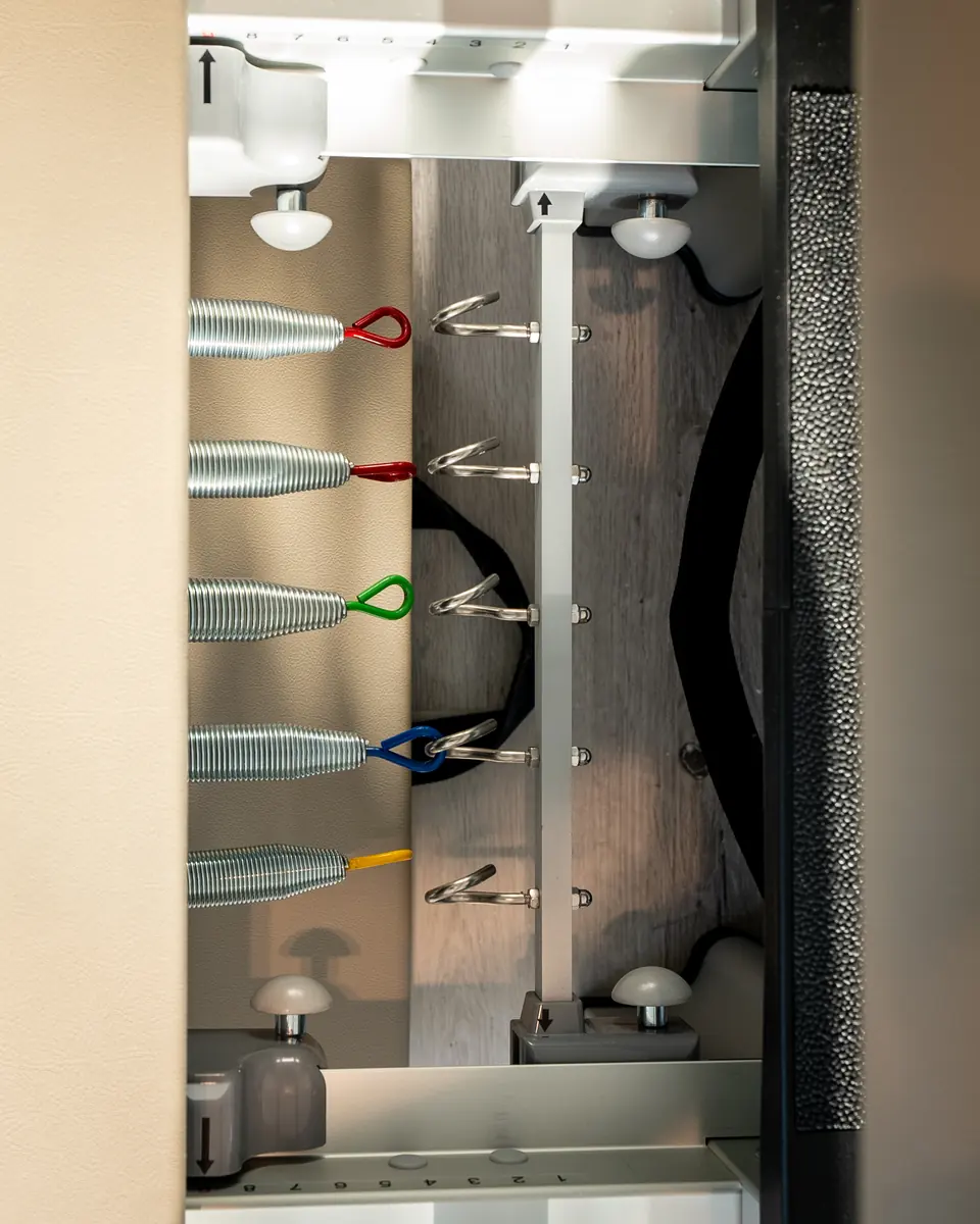 Colour-coded resistance springs under a bonPilates reformer at Maison Kalléa